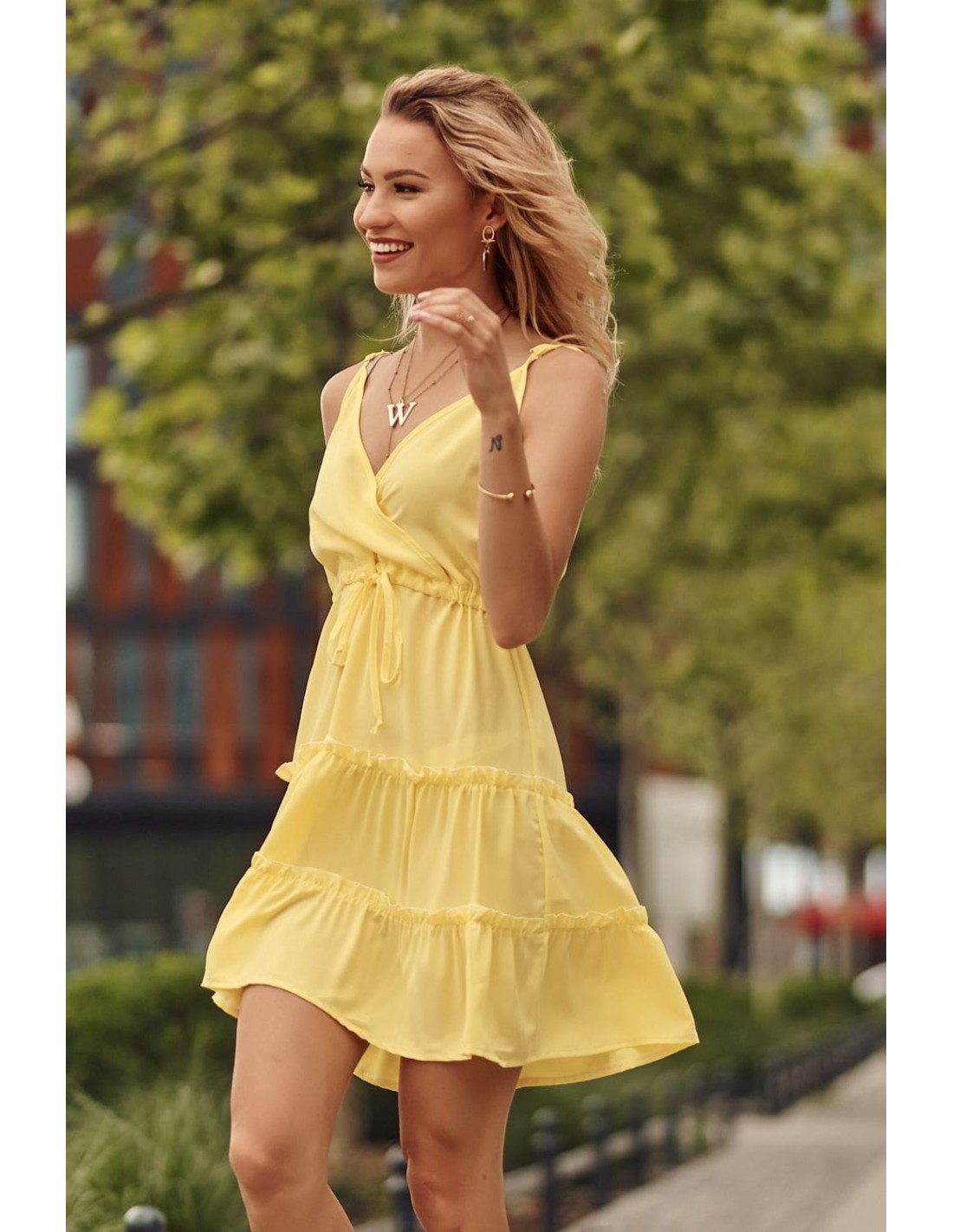 Delicate dress with an envelope neckline, yellow PR3200 - Online store - Boutique